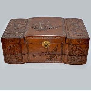 Vintage Chinese Jewelry Box Hand Carved Wood Dragon Pagoda Design